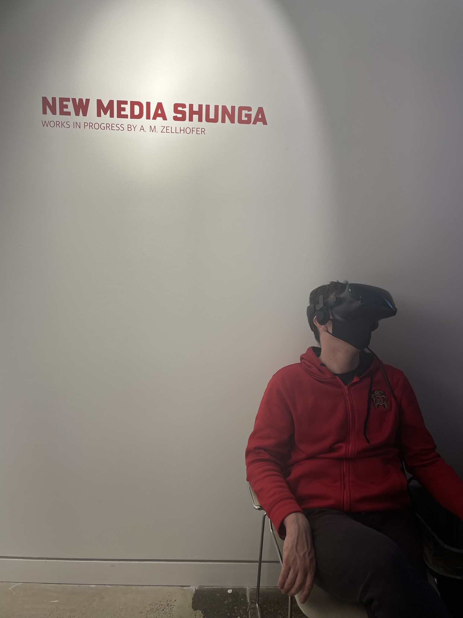 An image of a man at an artshow in a vr headset.